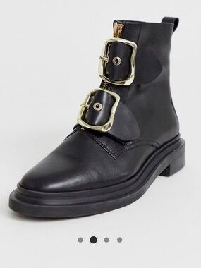 ASOS Black Leather Ankle Boots with Gold Buckle Straps